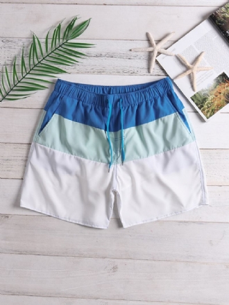 Herr Färg Block White Beach Board Shorts Dragsko Quick Dry Mesh Liner Med Ficka