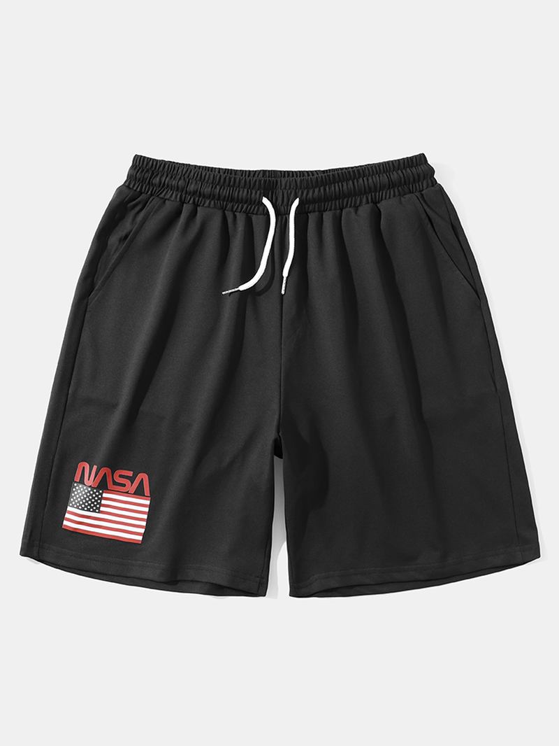 Herr Nasa Label Leisure Svarta Shorts Med Elastisk Midja Med Sidficka