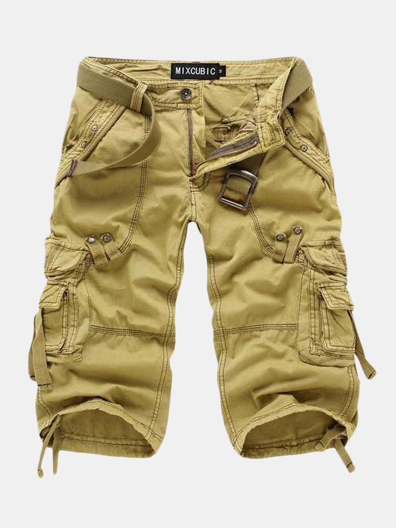 Herr Outdoor Multi-pocket Cargo Shorts Enfärgad Casual Knälånga Bomullsshorts