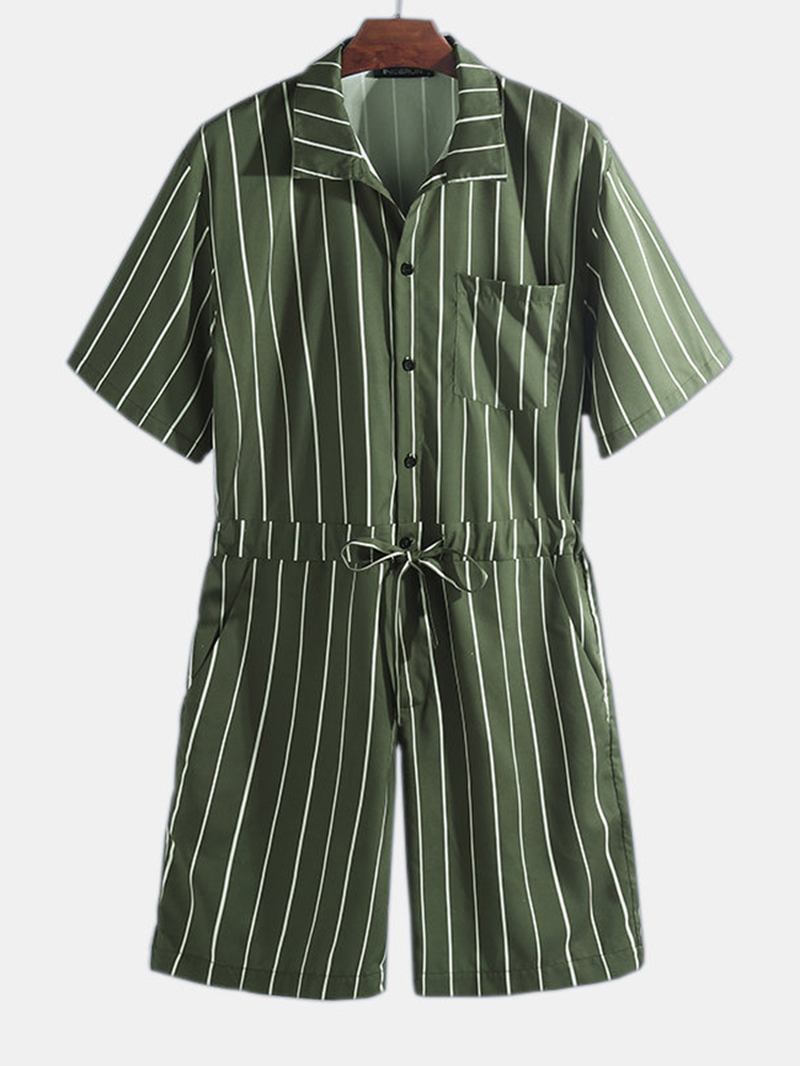 Herr Vintage Randiga Kläder Set Kortärmad Onesie Mode Jumpsuit