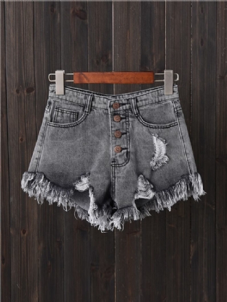 Kvinnor Button Up Pocket Loose Hollow Ripped Denim Shorts