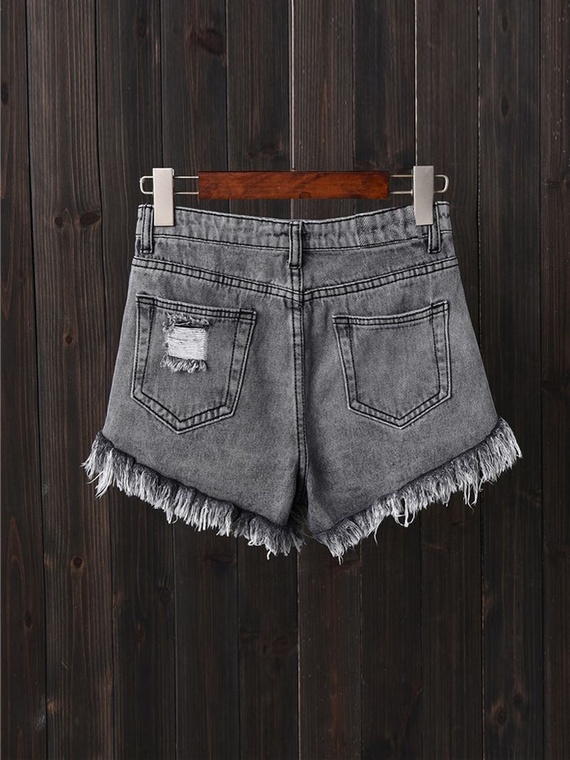 Kvinnor Button Up Pocket Loose Hollow Ripped Denim Shorts