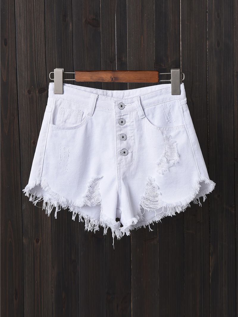 Kvinnor Button Up Pocket Loose Hollow Ripped Denim Shorts