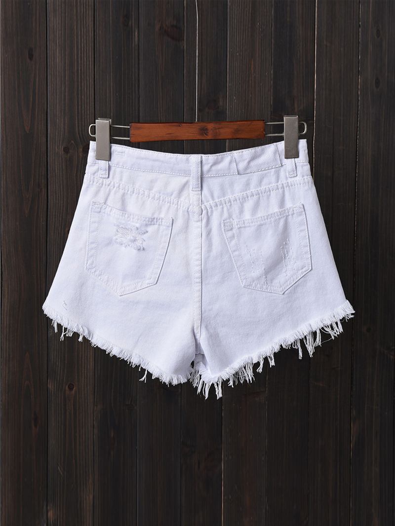 Kvinnor Button Up Pocket Loose Hollow Ripped Denim Shorts