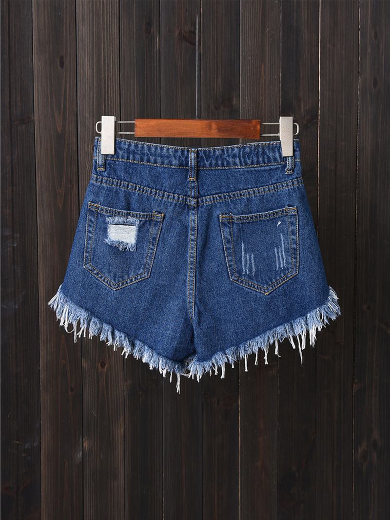 Kvinnor Button Up Pocket Loose Hollow Ripped Denim Shorts