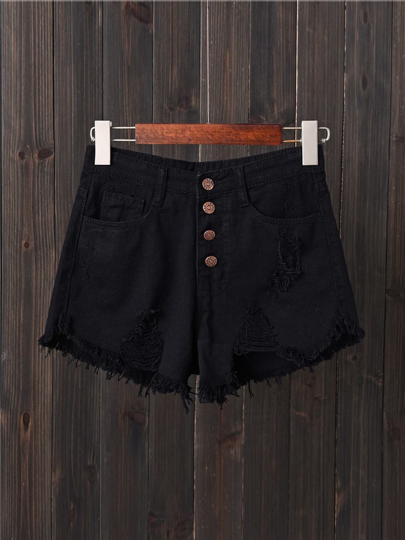 Kvinnor Button Up Pocket Loose Hollow Ripped Denim Shorts