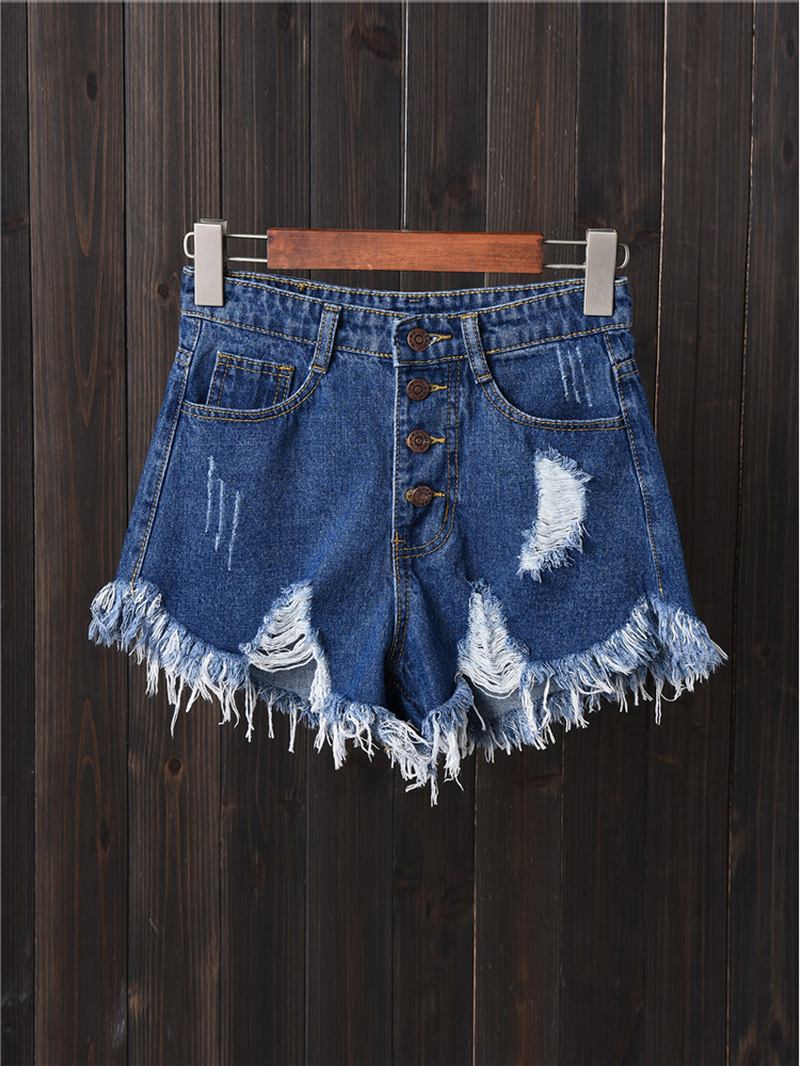 Kvinnor Button Up Pocket Loose Hollow Ripped Denim Shorts