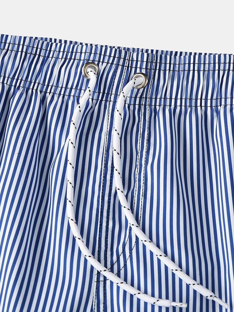 Lättviktsblårandiga Herrar Snabbtorkande Strandmesh-linje Casual Shorts Med Dragsko