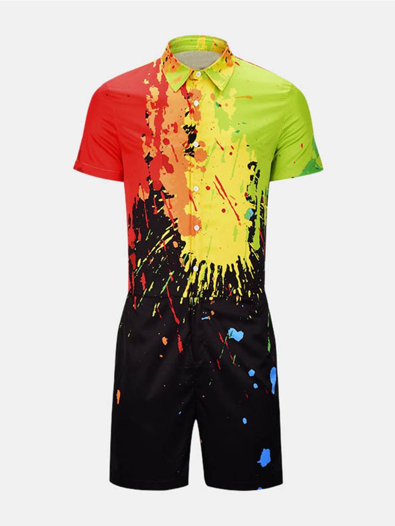 Män Splash Ink Tryckt Kortärmad Jumpsuit