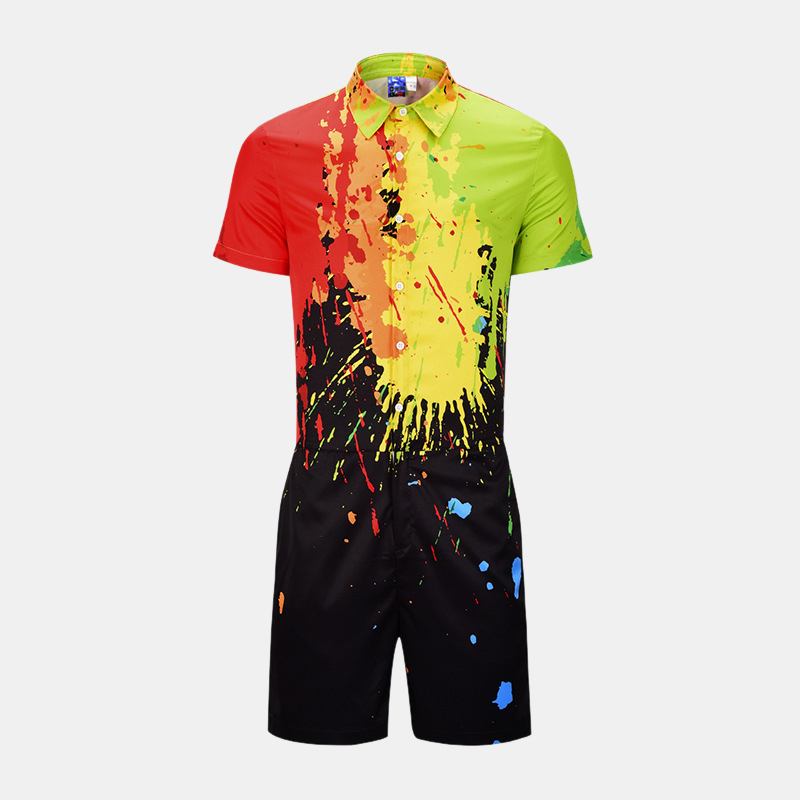 Män Splash Ink Tryckt Kortärmad Jumpsuit