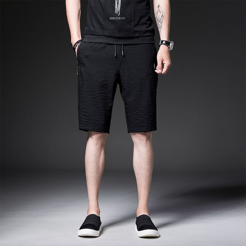 Mäns Quarter Zipper Pocket Thin Section Five Pants Season Pure Black Shorts