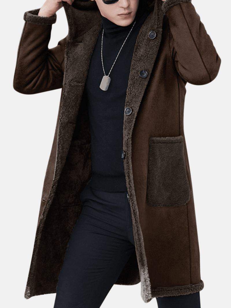 Dubbelsidig Bärbar Shearling Coat Hooded Mid Long Faux Fur Woolen Coat För Män