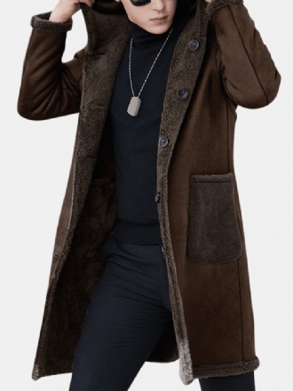 Dubbelsidig Bärbar Shearling Coat Hooded Mid Long Faux Fur Woolen Coat För Män