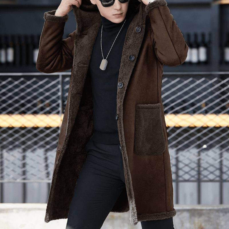 Dubbelsidig Bärbar Shearling Coat Hooded Mid Long Faux Fur Woolen Coat För Män