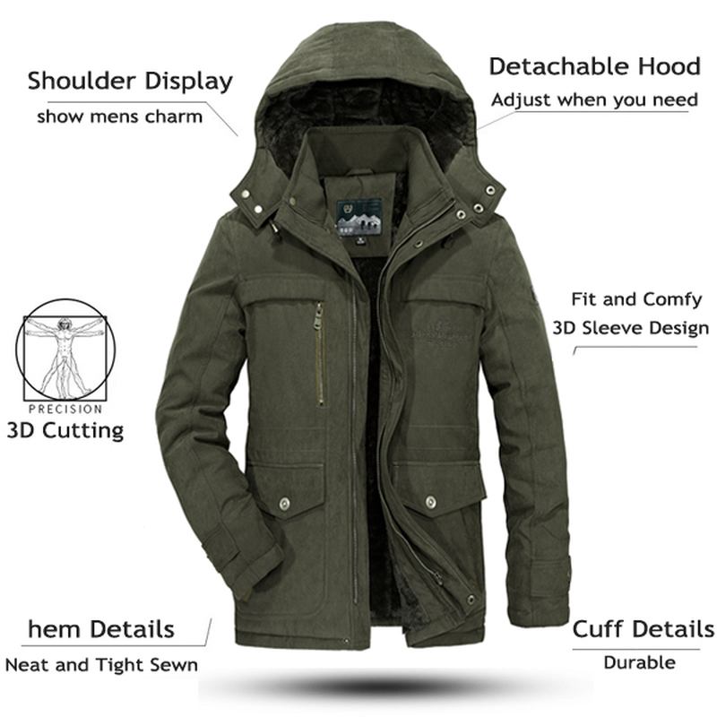 Herr Big Size Fleece Tjock Varm Huva Avtagbar Outdoor Jacka Vinter Work Coat