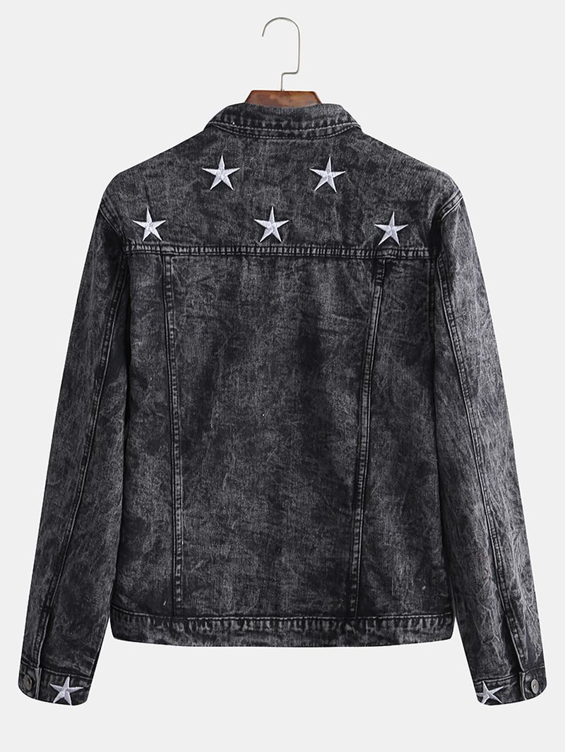 Herrmode Med Tryck Pocket Decoration Casual Washed Denim Jacka