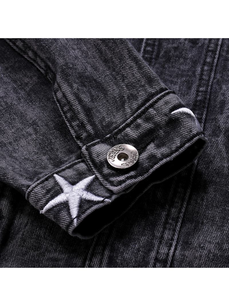 Herrmode Med Tryck Pocket Decoration Casual Washed Denim Jacka