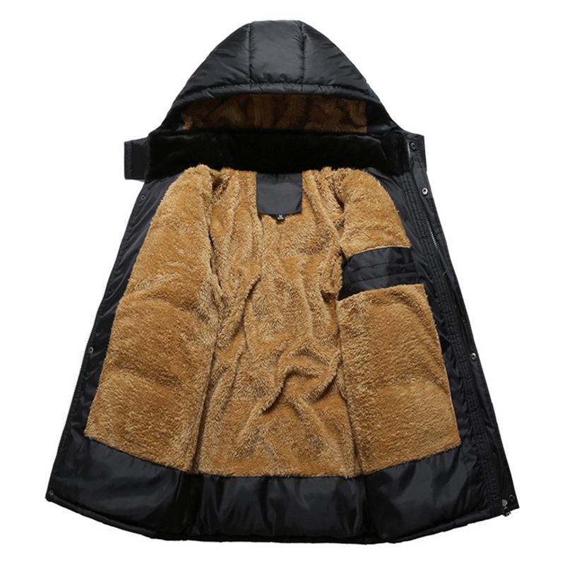 Män Tjock Varm Vinter Fleece Huvjacka Svart Big Pocket Coats