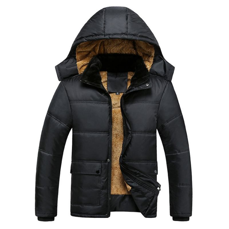 Män Tjock Varm Vinter Fleece Huvjacka Svart Big Pocket Coats