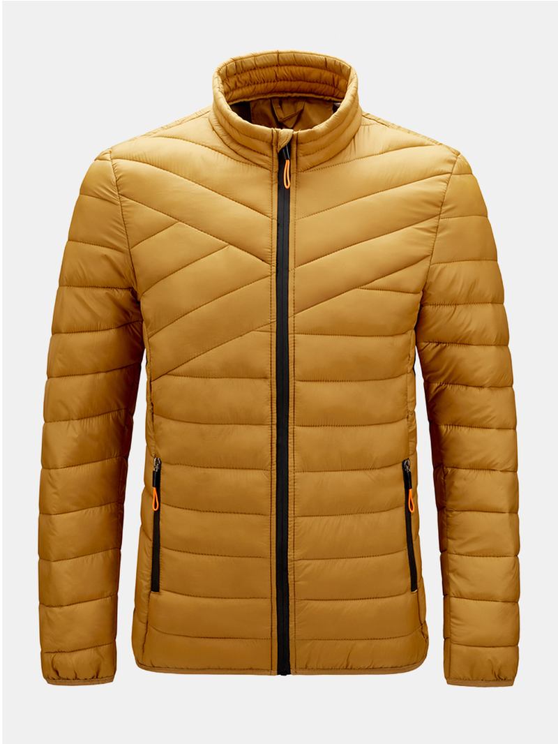 Solid Quilted Zip Up Basic Vadderade Kappor För Män Med Welt Pocket