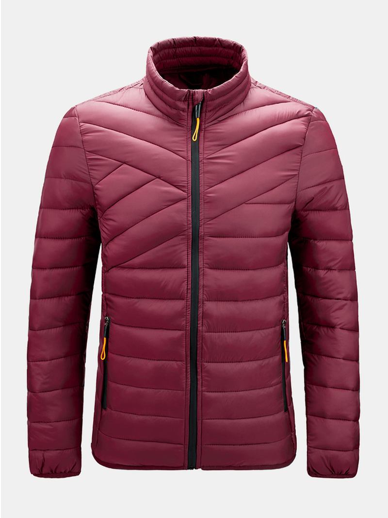 Solid Quilted Zip Up Basic Vadderade Kappor För Män Med Welt Pocket