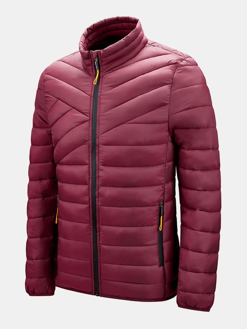 Solid Quilted Zip Up Basic Vadderade Kappor För Män Med Welt Pocket