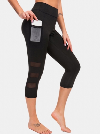 Dam Mesh Patchwork Bodycon Cropped Yoga Sport Leggings Med Fickor