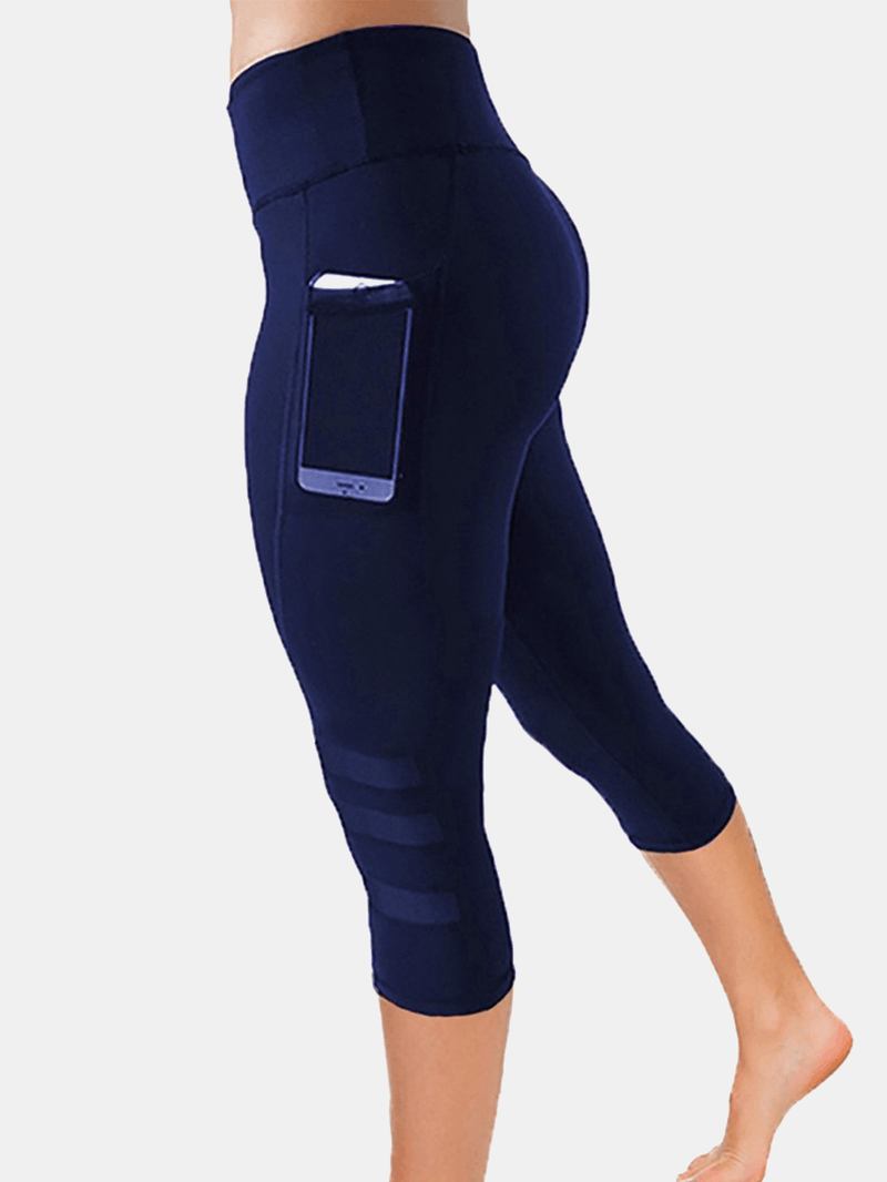 Dam Mesh Patchwork Bodycon Cropped Yoga Sport Leggings Med Fickor