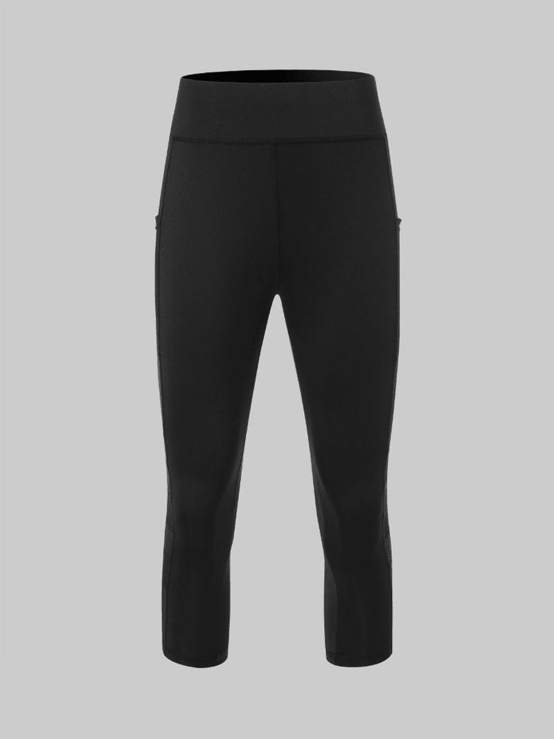 Dam Mesh Patchwork Bodycon Cropped Yoga Sport Leggings Med Fickor