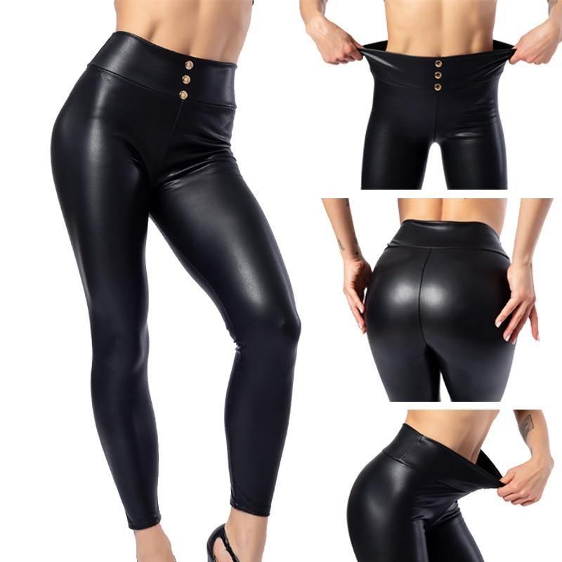 Everbellus Dam Sexiga Leggings I Konstläder Med Knapp Hög Midja Tunna Och Tjocka Push Up Solid Svart Slim Pu Legg Plus Size