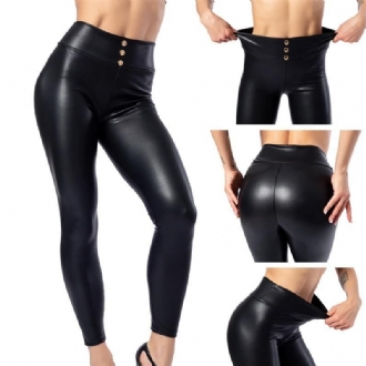 Everbellus Dam Sexiga Leggings I Konstläder Med Knapp Hög Midja Tunna Och Tjocka Push Up Solid Svart Slim Pu Legg Plus Size