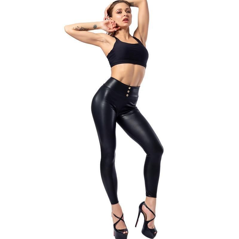 Everbellus Dam Sexiga Leggings I Konstläder Med Knapp Hög Midja Tunna Och Tjocka Push Up Solid Svart Slim Pu Legg Plus Size