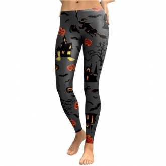 Haunt The House Leggings Dam Witch Pumpk Lantern Elastisk Legg Spandex Träningsbyxor Med Digitaltryck