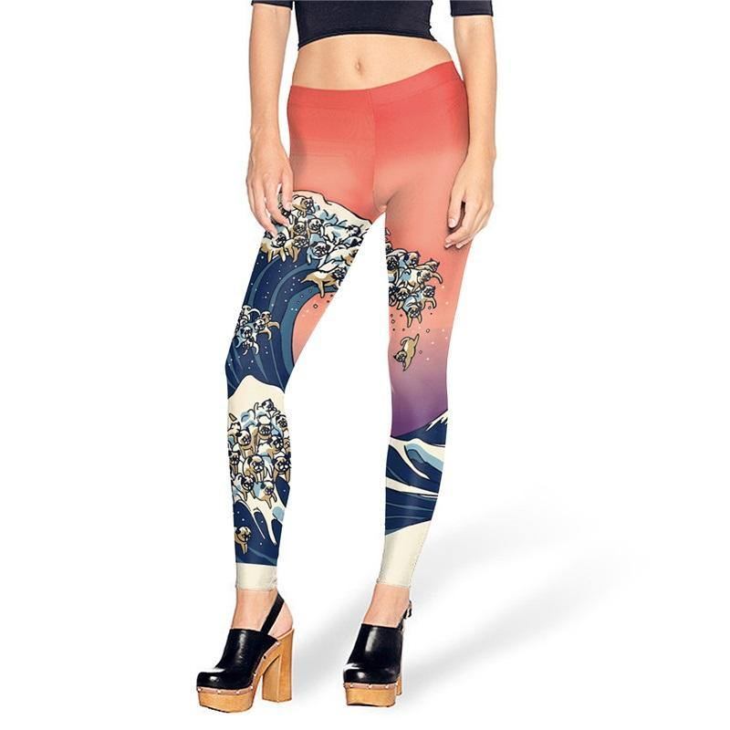 Mode Summer Creative Leg Med Tryck Dam Legg The Great Wave Of Pug Leggings Sexiga Kvinna Byxor