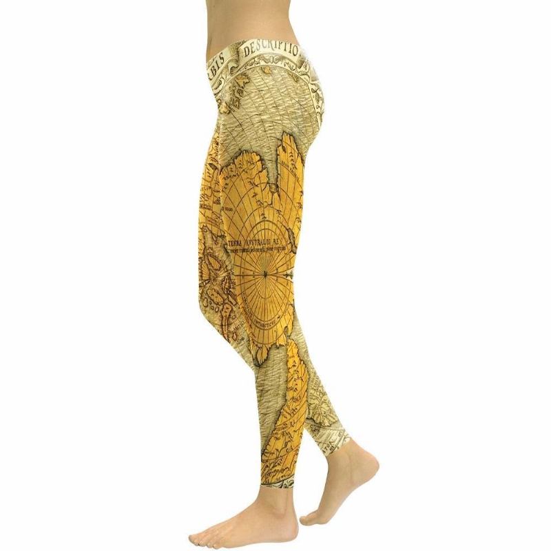 Ny Vår Gyllene Världskarta Leggings Kvinnor Bokstav Latitud Och Longitud 3d-tryckta Legg High Waist Byxor