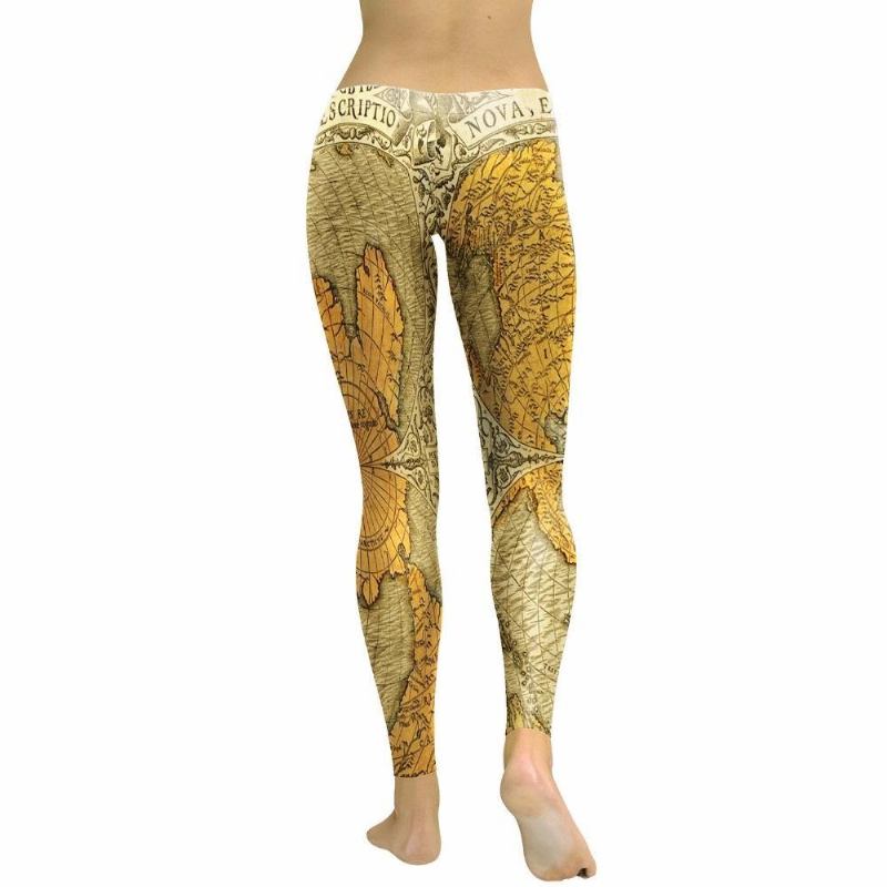 Ny Vår Gyllene Världskarta Leggings Kvinnor Bokstav Latitud Och Longitud 3d-tryckta Legg High Waist Byxor