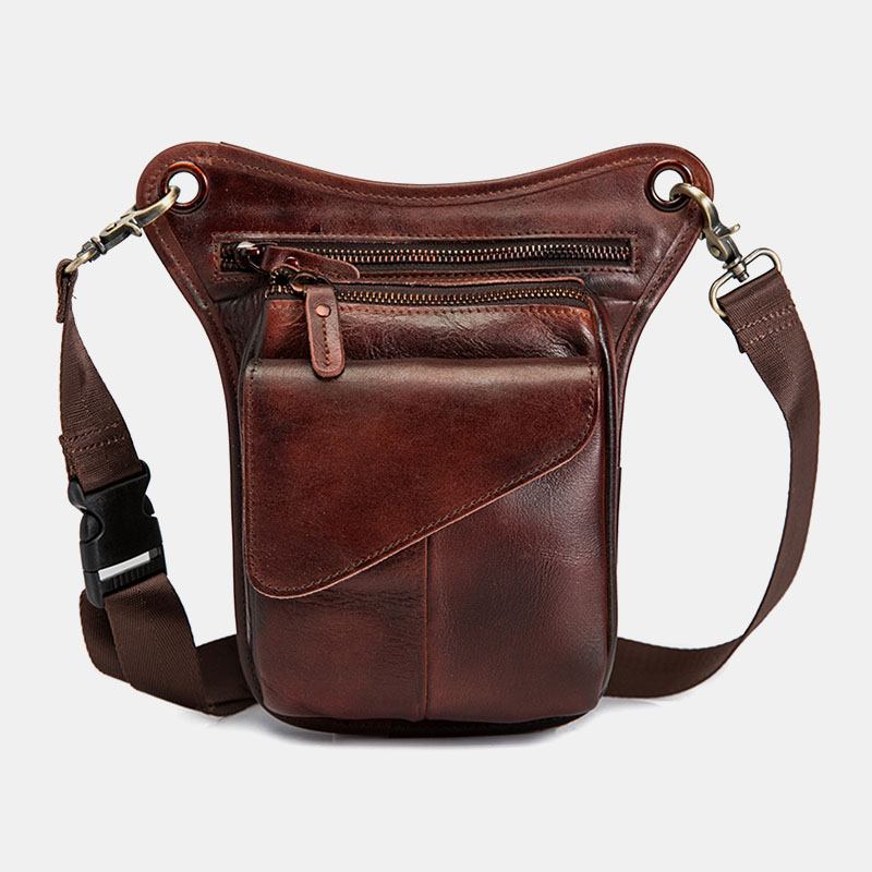 Män Äkta Läder Multi-carry Retro 8-tums Utomhustelefon Kamera Midjeväska Crossbody-väska