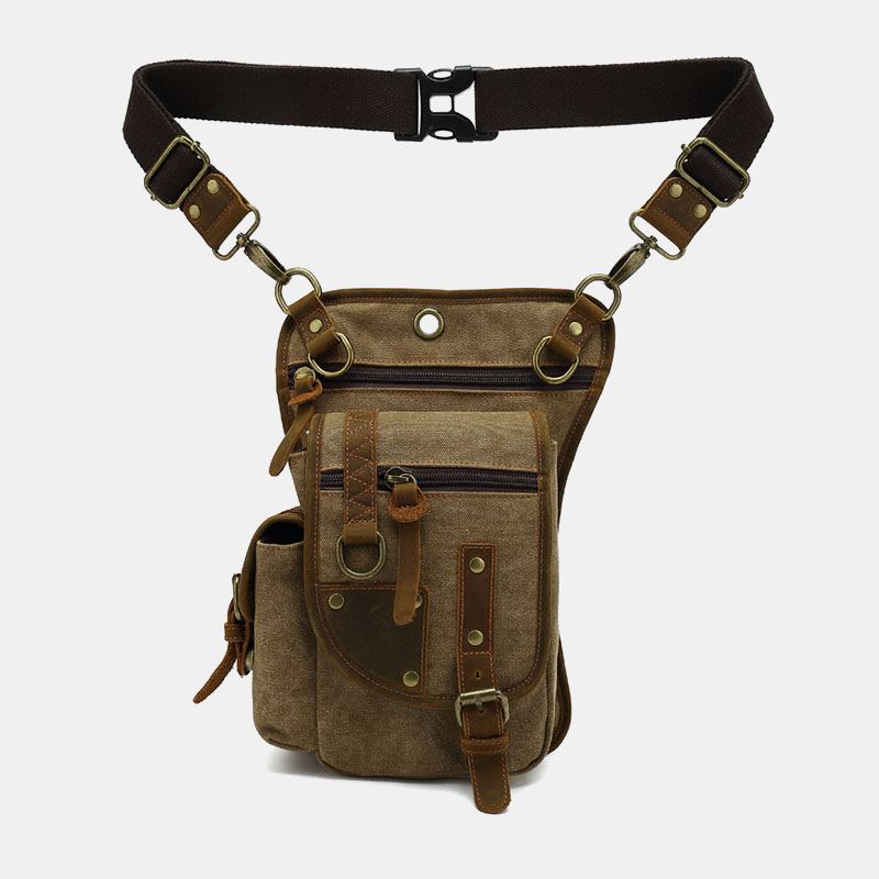 Män Äkta Läder Och Canvas Cykling Utomhus Sport Benväska Midjeväska Crossbody Väska