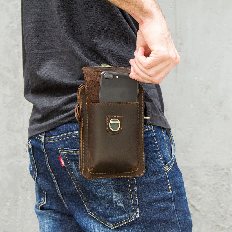 Män Äkta Läder Retro Casual Outdoor Multi-carry Telefonväska Crossbody-väska Midjeväska För 5.8 Tums Telefon