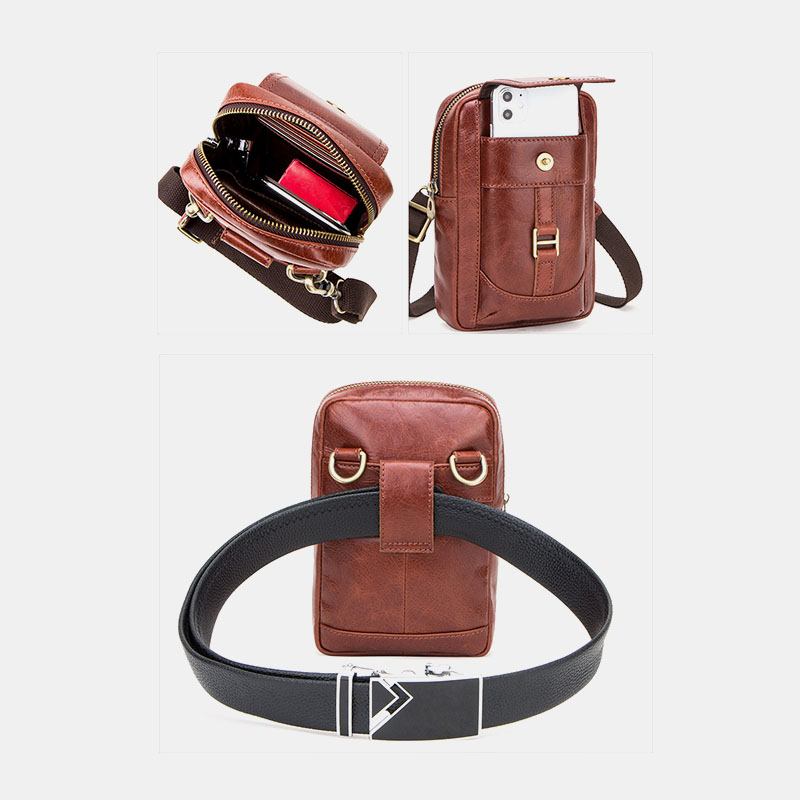 Män Äkta Läder Retro Mode 5.8 Tums Telefonväska Multi-carry Crossbody Bag Midjeväska