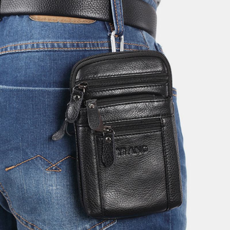 Män Äkta Läder Retro Multifunktionsbältesväska Cross Body Bag Casual Stor Kapacitet Lätt Att Bära Midjeväska