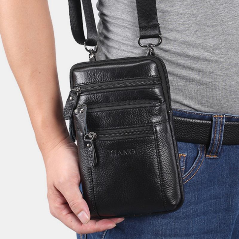 Män Äkta Läder Retro Multifunktionsbältesväska Cross Body Bag Casual Stor Kapacitet Lätt Att Bära Midjeväska