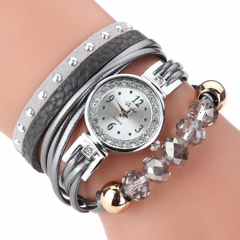 Crystal Casual Style Dam Armband Watch Present Läderrem Quartz Watch