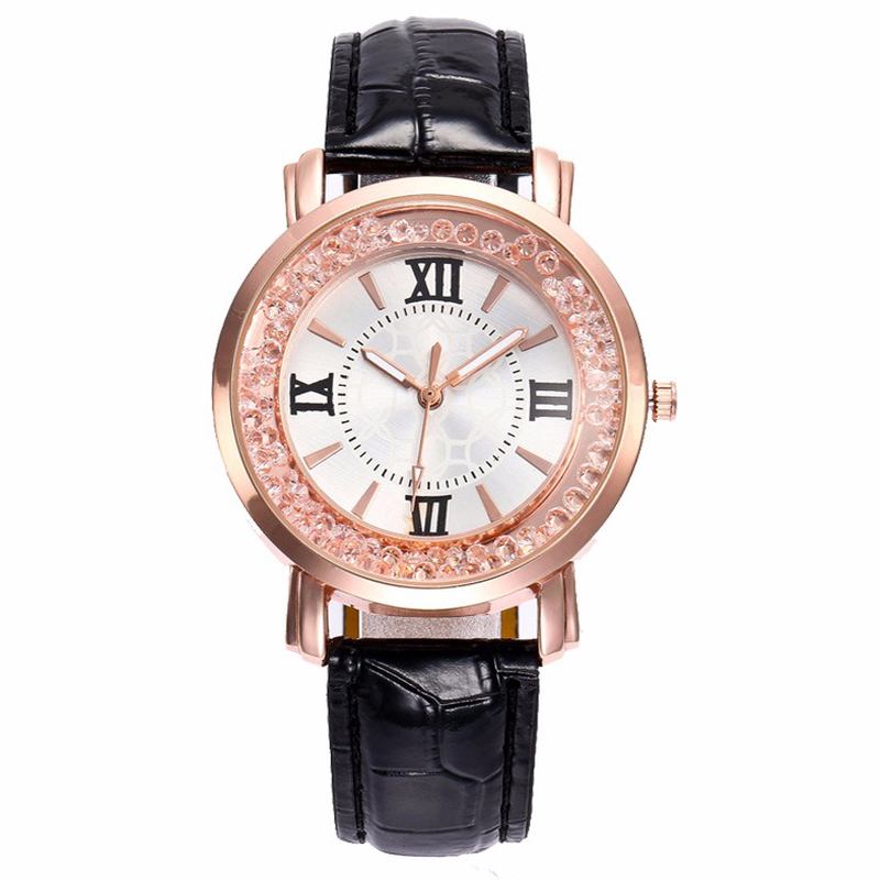 Mode Rose Gold Flödande Crystal Romerska Siffror Dam Klänning Armband Läder Kvinnor Quartz Watch