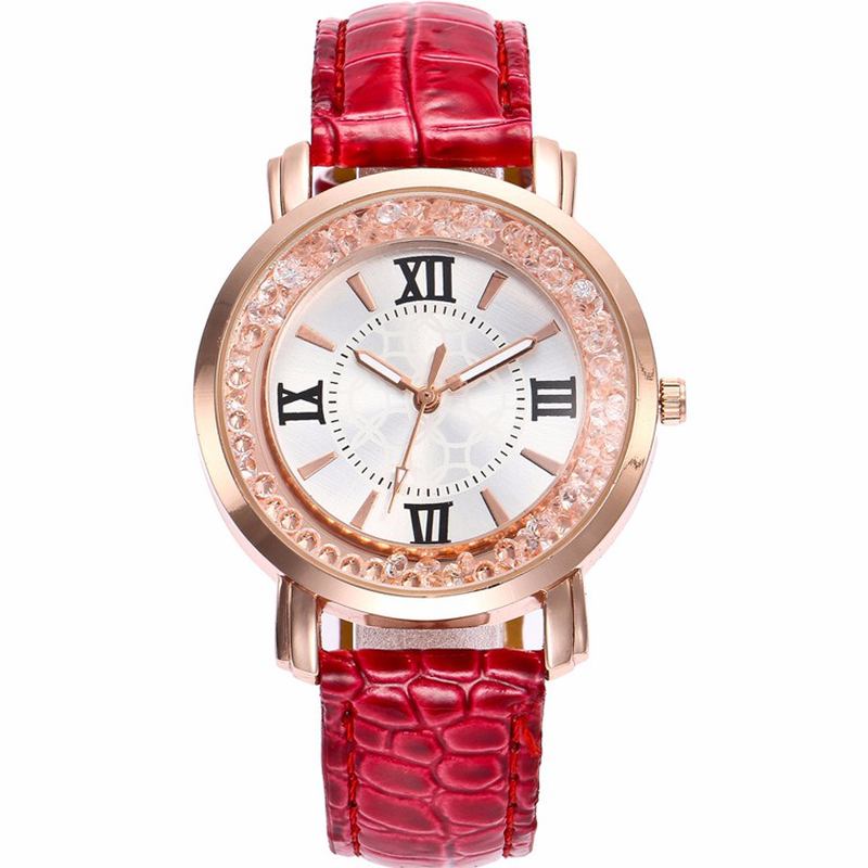 Mode Rose Gold Flödande Crystal Romerska Siffror Dam Klänning Armband Läder Kvinnor Quartz Watch