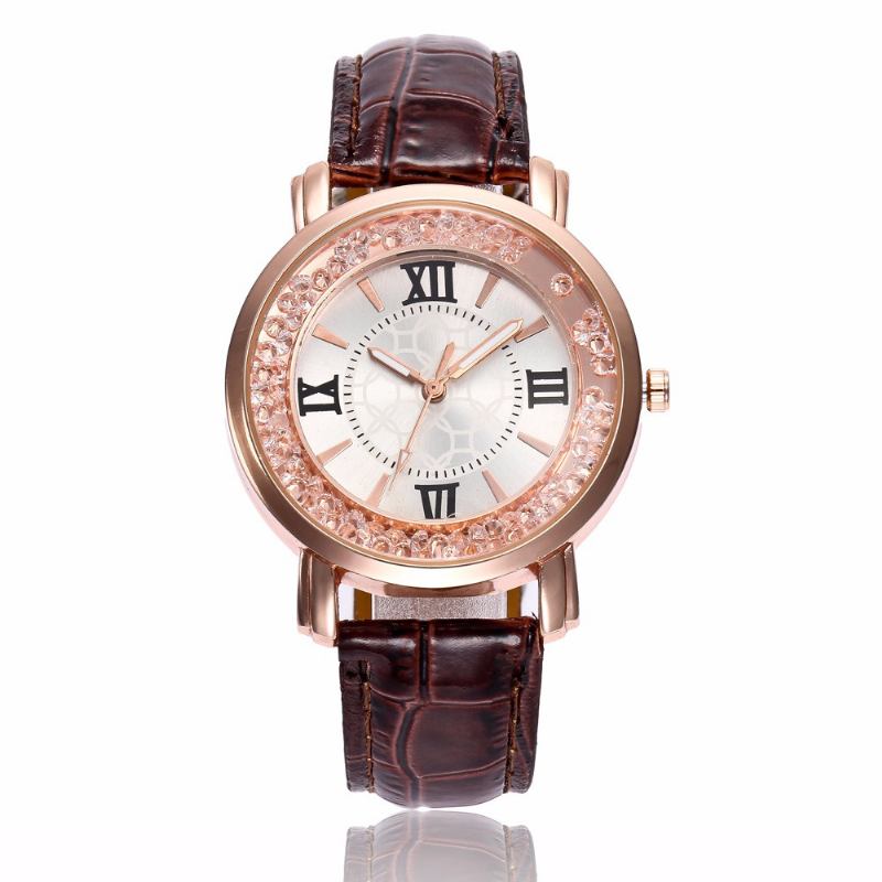 Mode Rose Gold Flödande Crystal Romerska Siffror Dam Klänning Armband Läder Kvinnor Quartz Watch