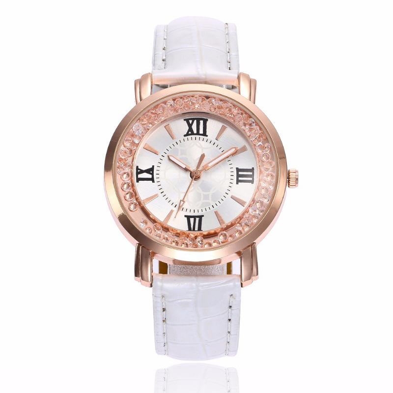 Mode Rose Gold Flödande Crystal Romerska Siffror Dam Klänning Armband Läder Kvinnor Quartz Watch