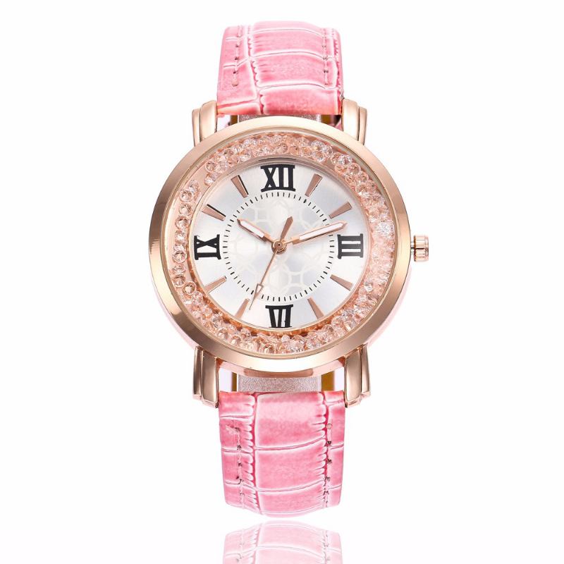 Mode Rose Gold Flödande Crystal Romerska Siffror Dam Klänning Armband Läder Kvinnor Quartz Watch