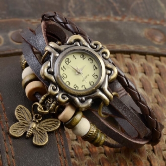 Retro Style Flerlager Dam Armband Watch Butterfly Pendant Quartz Watches