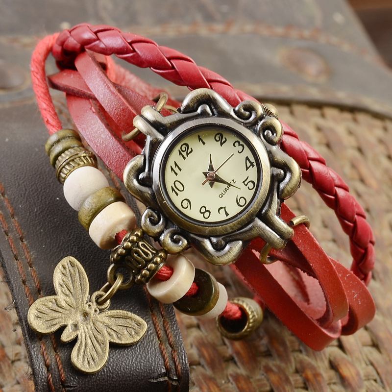 Retro Style Flerlager Dam Armband Watch Butterfly Pendant Quartz Watches